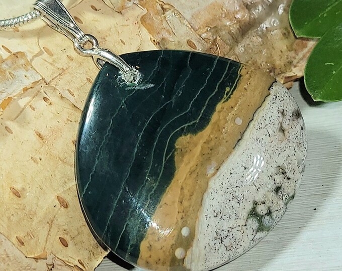 Natural AA Colorful Ocean Jasper Pear Cabochon .925 Sterling Silver Pendant 1 1/2" x 1 1/8" AF12 Solid Sterling Silver Bail