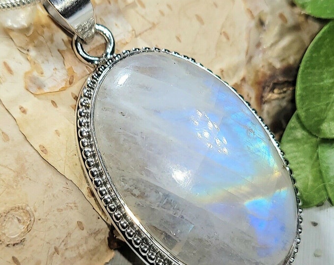 Natural AAA Premium Multi Flash Rainbow Moonstone .925 Sterling Silver Pendant 1 3/4" x 7/8" 10 Grams EX18