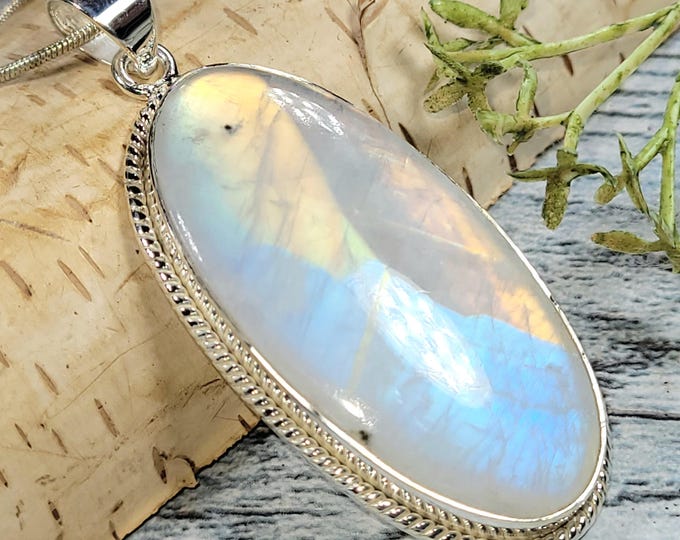 Moonstone Pendant, Rainbow Moonstone Oval Cabochon Sterling Silver Pendant, Multi Color Flash, Gift for Her, Handmade Pendant, JB13