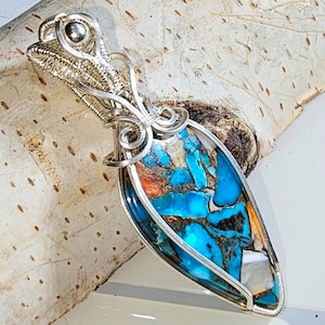 Spiny Oyster Turquoise Pendant, Spiny Oyster Turquoise w/copper, Sterling Silver Pendant, Spiny, Turquoise Sterling Silver Wire Wrapped GD20