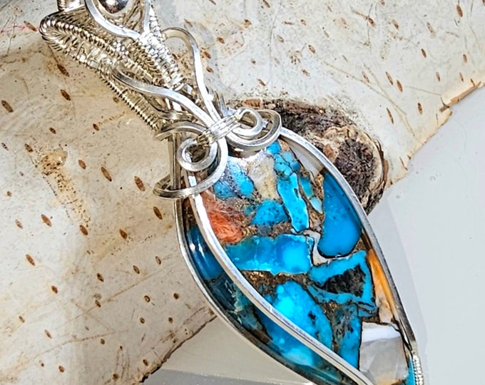 Spiny Oyster Turquoise Pendant, Spiny Oyster Turquoise w/copper, Sterling Silver Pendant, Spiny, Turquoise Sterling Silver Wire Wrapped GD20