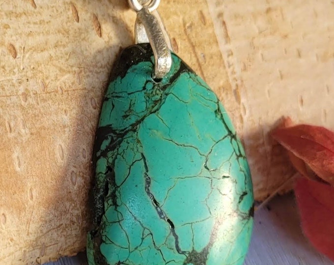 Natural AAA Spiderweb Turquoise Freeform Handmade Cabochon .925 Sterling Silver Pendant 1 3/4" x 7/8" CW75 Solid Silver Bail