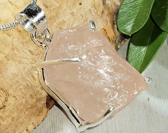Natural Raw Rose Quartz Rough Cut Handcrafted .925 Sterling Silver Pendant Weighs 7 Grams Measures 1 1/4" X 9/16" CA19