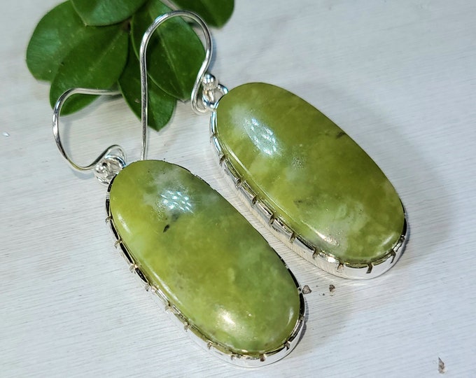 Natural High Grade Green Opal Oval Handmade .925 Sterling Silver Earrings 12 Grams 1 7/8" x 5/8" CO16 Gift for Her