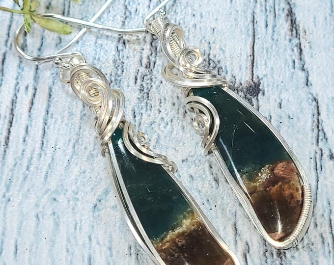 Blue Opalized Earrings, Petrified Wood Earrings, Blue Opalized Sterling Silver Wire Wrapped Earrings , Handmade Earrings, JF10, Gift for Her