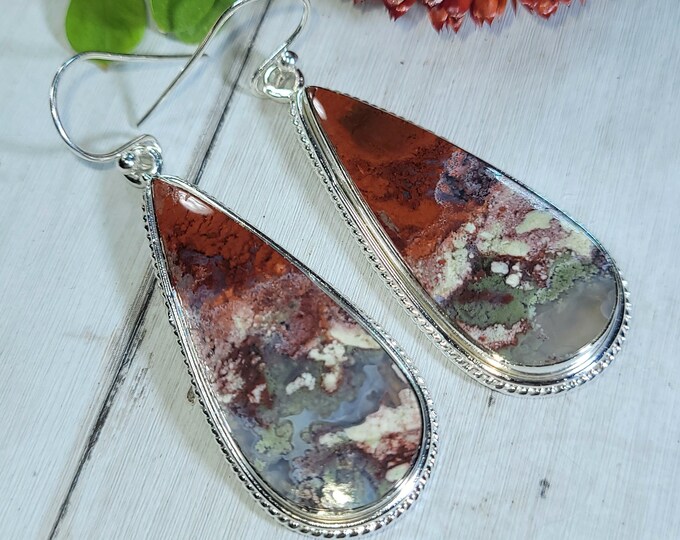 Natural High Grade Red Plume Moss Agate Pear Handmade .925 Sterling Silver Earrings 16 Grams 2 1/4" x 3/4" CS30 Gift for Her
