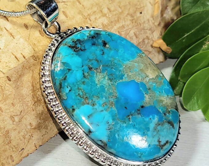 Natural High Grade Arizona Kingman Turquoise Handmade .925 Sterling Silver Pendant 1 7/8" x 1 1/8" 12 grams CE34