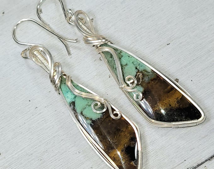 Blue Opalized Earrings, Petrified Wood Earrings, Blue Opalized Sterling Silver Wire Wrapped Earrings , Handmade Earrings, HT24, Gift for Her