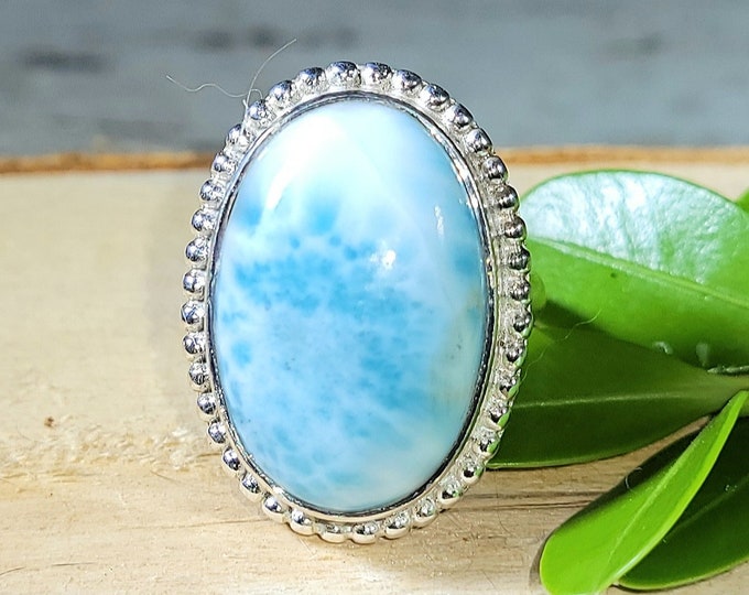 Natural Top Choice Dominican Larimar .925 Sterling Silver Ring Size 6.5 7 Grams Face Measures 1" x 11/16" EK29