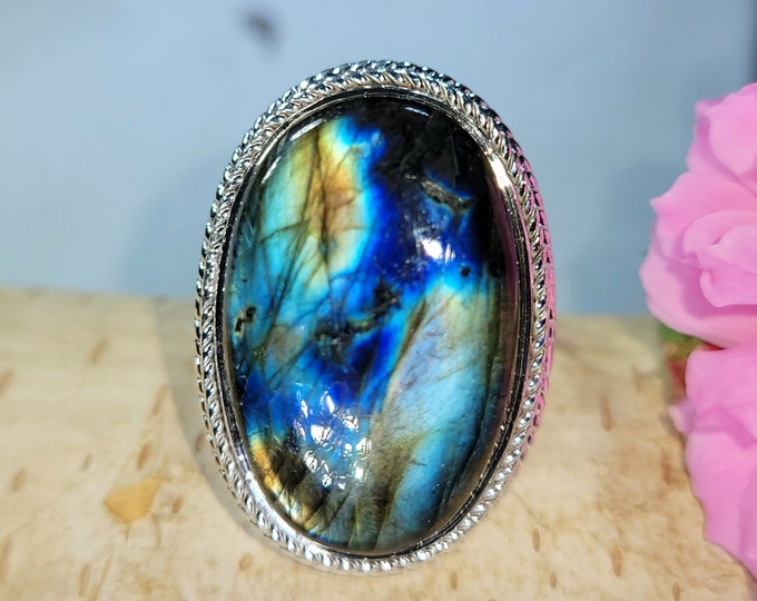 Natural Best Grade Multi Flash Oval Labradorite Handmade .925 Sterling Silver Ring Size 9 Full Multi Flash Great Gift for Her
