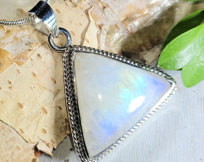 Natural Multi Color Flash Rainbow Moonstone .925 Sterling Silver Pendant 1 3/8" x 1 1/8" 9 Grams AB14