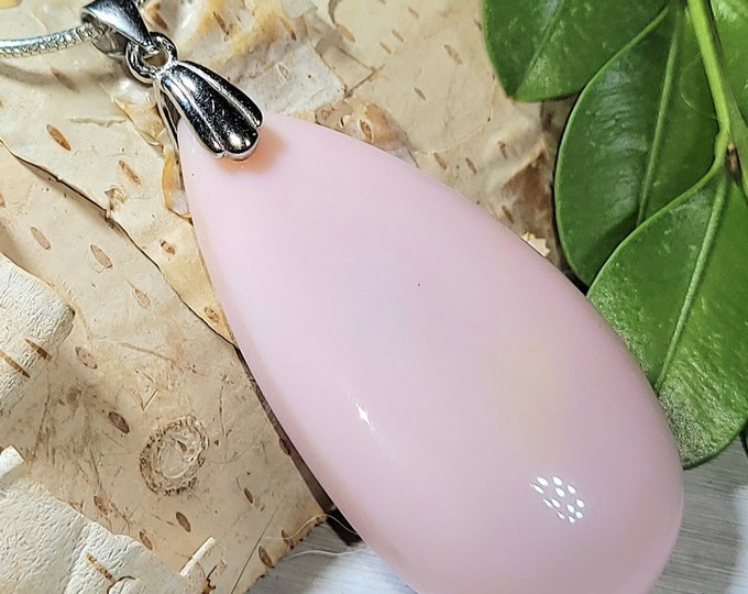 Natural High Grade Rare Peru Pink Opal Cabochon .925 Sterling Silver Pendant 2" x 13/16" ES40 Sterling Silver Rhodium Plated Bail