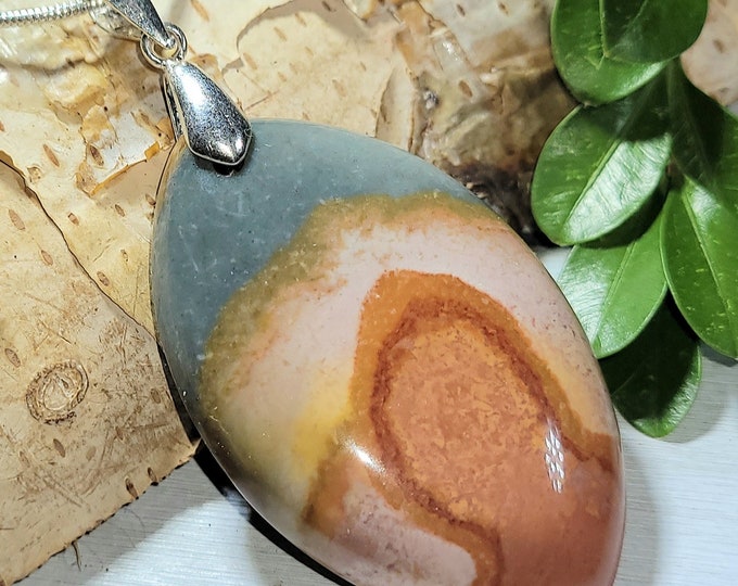 Natural Top Quality Poly Chrome Jasper Cabochon .925 Sterling Silver Pendant 2 1/4" x 1 1/8" AE34 Solid Sterling Silver Bail
