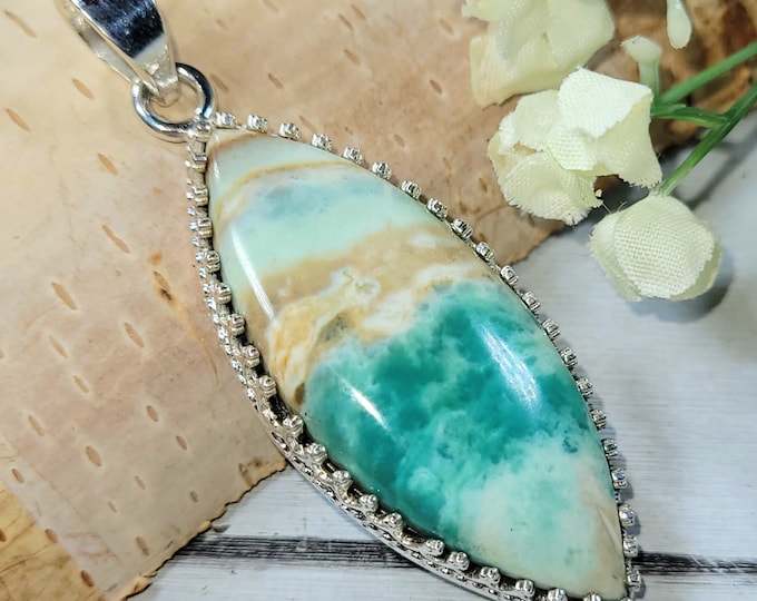 Blue Opal Pendant, Petrified Wood Pendant, .925 Sterling Silver Blue Opalized Petrified Pendant, Sterling Silver Blue Opal Pendant