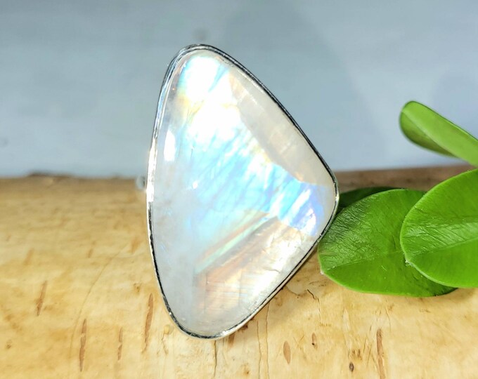 Moonstone Ring, Freeform Moonstone Sterling Silver Size 7.5 Ring, Handmade Moonstone Ring, Statement Ring, Gift for Her, Blue Moonstone FC