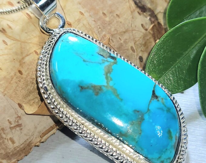 Natural AAA Grade Arizona Kingman Turquoise Handmade .925 Sterling Silver Pendant 2" x 3/4" 11 grams DC44 Boho Pendant, Statement Pendant