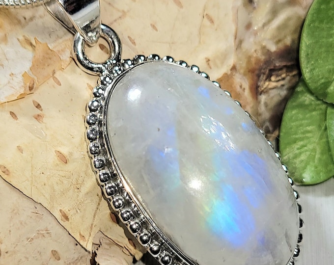 Natural Multi Color Flash Rainbow Moonstone .925 Sterling Silver Pendant 1 1/2" x 11/16" 7 Grams EX27