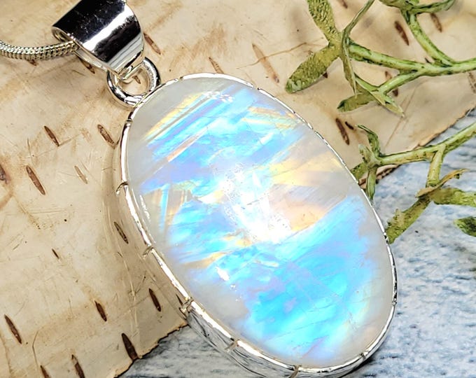 Moonstone Pendant, Rainbow Moonstone Oval Cabochon Sterling Silver Pendant, Multi Color Flash, Gift for Her, Handmade Pendant, JB20