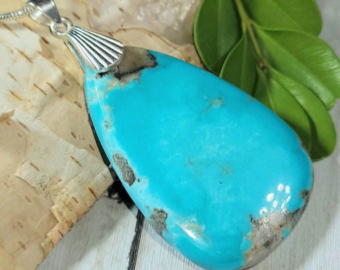 Natural AAA Arizona Kingman Turquoise Cabochon Sterling Silver Pendant Custom Bail 2" x 1 1/8" EP25 Sterling Silver Heavy Duty Designer Bail