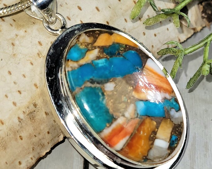 Spiny Oyster Turquoise Pendant, Spiny Oyster Turquoise w/copper, Sterling Silver Pendant, Spiny turquoise pendant, Handmade Pendant HA30