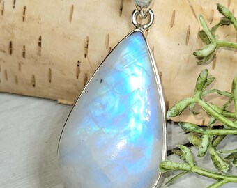 Rainbow Moonstone Sterling Silver Pendant: Handmade Pear Stone, 2"