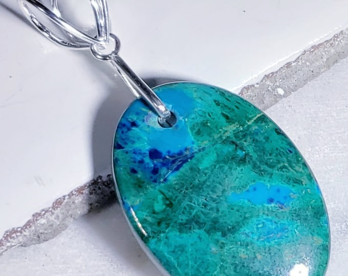 Natural AAA Chrysocolla w/Azurite Oval Cabochon .925 Sterling Silver Pendant  2 1/4" x 1 1/8" EA14  Heavy Duty Designer Sterling Silver Bail