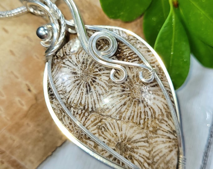 Natural Fossil Coral Pear Wire Wrapped .925 Silver Pendant, Sterling Silver Wire Wrapped Pendants, Handmade Stone Jewelry FF21