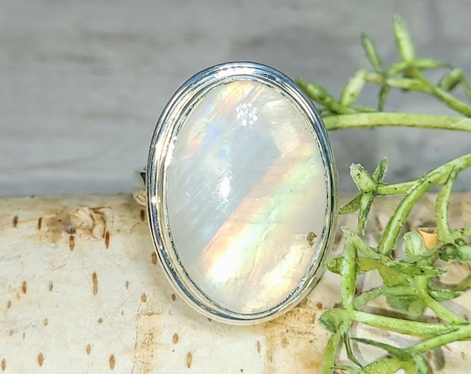 Rainbow Moonstone Ring, Moonstone Ring, Sterling Silver Moonstone Ring, Moonstone Ring Size 9, Statement Ring, Boho Ring, GJ