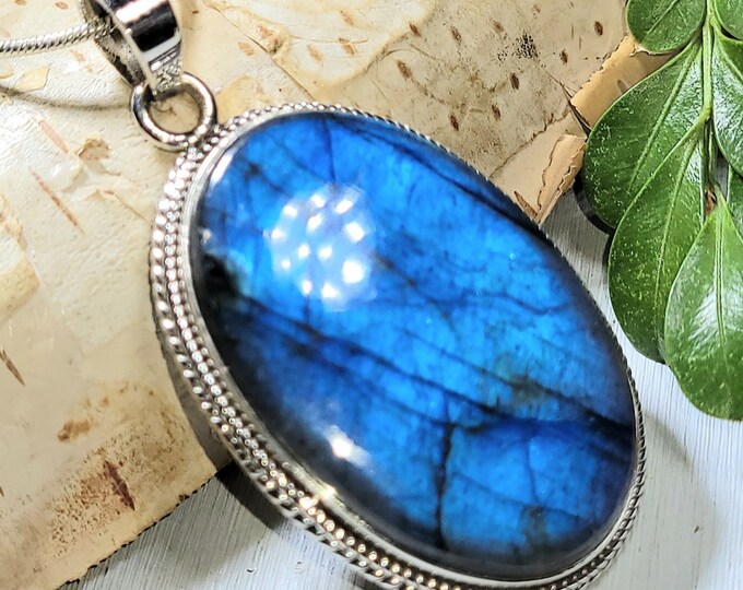 Natural High Grade Blue Full Flash Labradorite Oval Handmade .925 Sterling Silver Pendant 2" x 1" 16 Grams AN01