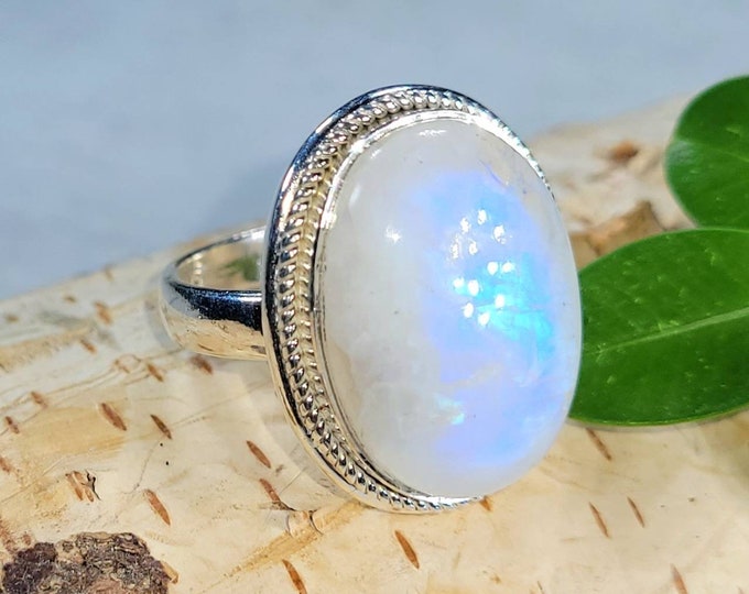 Rainbow Moonstone Ring, Moonstone Ring, Rainbow Moonstone Sterling Silver Ring Size 7.5, Statement Ring, Handmade Ring, Boho Ring DN