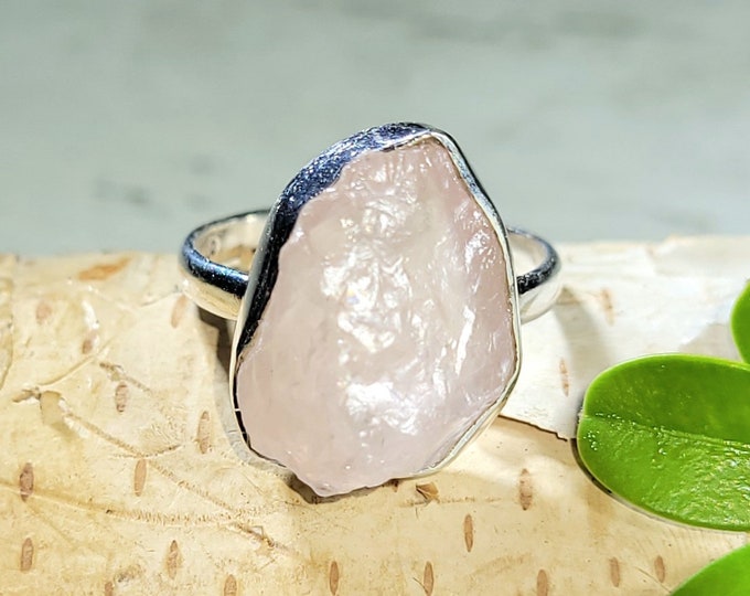 Natural High Quality Raw Rough Cut Rose Quartz Handmade .925 Sterling Silver Ring Size 7.5 5 Grams 5/8" x 9/16" CD12