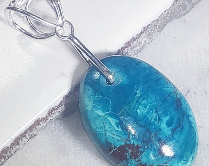 Natural AAA Chrysocolla W/Azurite Oval Cabochon .925 Sterling Silver Pendant EB31 2" x 7/8" Heavy Duty Designer Sterling Silver Bail