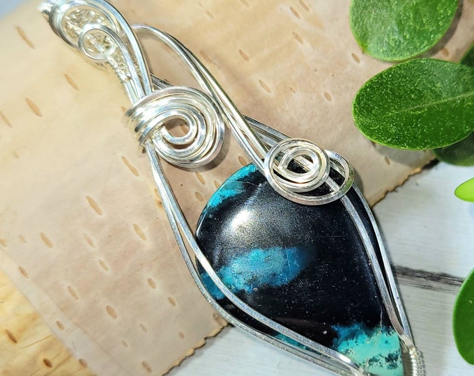Blue Opal Pendant, Blue Opalized Wire wrapped pendant, Petrified wood opal pendant,Sterling Silver wire wrapped pendant,Petrified wood wire