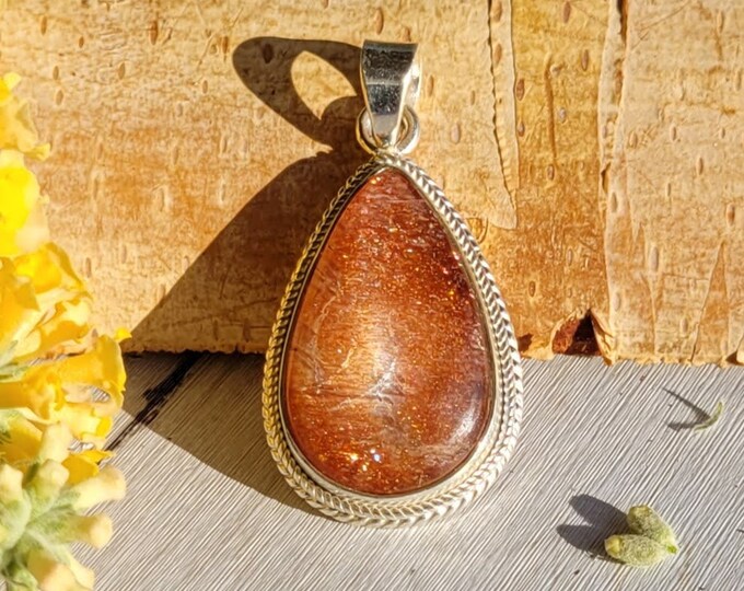Natural High Grade Orange Sunstone Cabochon .925 Sterling Silver Pendant 1 1/2" x 3/4" 9 Grams CV26 Heavy Duty Sterling Silver Bail