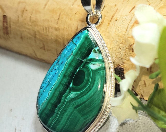 Chrysocolla Malachite Pendant, Chrysocolla Malachite Sterling Silver Pendant, Handmade Pendant, Statement Pendant, Gift for Her, DK15