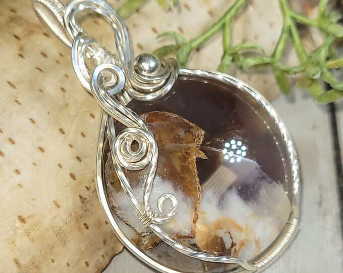 Blue Common Opalized Wood Pendant, Blue Common Opalized Wood Wire Wrapped Sterling Silver Pendant, Hand Wire Wrapped Pendant, HG35