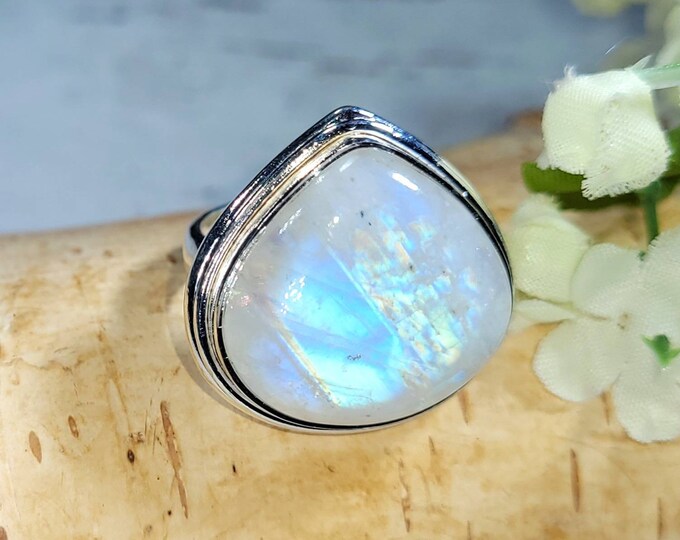 Rainbow Moonstone Ring, Moonstone Ring, Moonstone Sterling Silver Ring Size 6.50, Statement Ring, Handmade Ring, Boho Ring DL Gift for Her