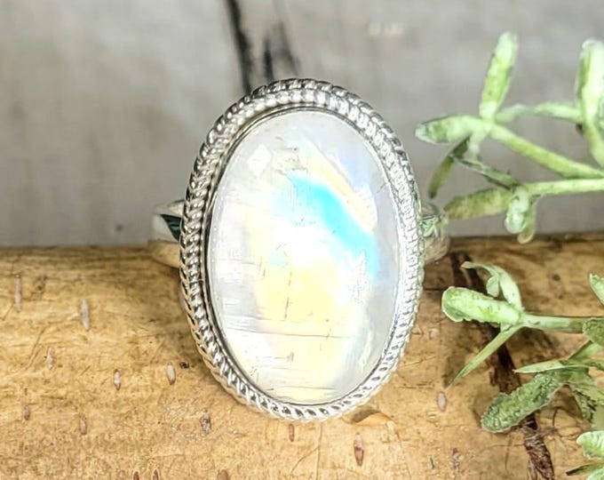 Rainbow Moonstone Ring, Moonstone Ring, Sterling Silver Moonstone Ring, Moonstone Ring Size 8.5, Statement Ring, Boho Ring, HM