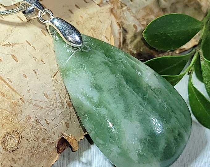 Natural Top Grade Serpentine Pear Cabochon .925 Sterling Silver Pendant 1 7/8" x 7/8" AR08 Custom Fit Sterling Silver Bail