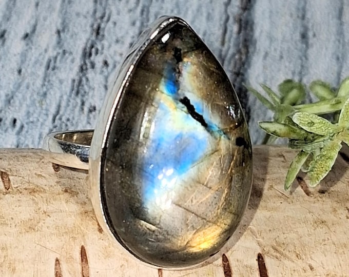 Multi Flash Labradorite Sterling Silver Ring - Pear Labradorite Multi Flash Ring, KB20, Handmade Labradorite Ring