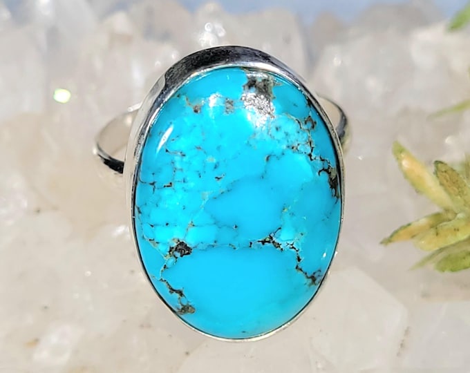 Arizona Turquoise Sterling Silver Ring Size 9, Oval Arizona Turquoise Ring; JS