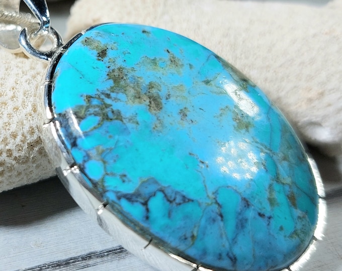 Turquoise Pendant, Sterling Silver Turquoise Pendant, Oval Kingman Arizona Turquoise Boho Pendant, Statement Pendant GH01