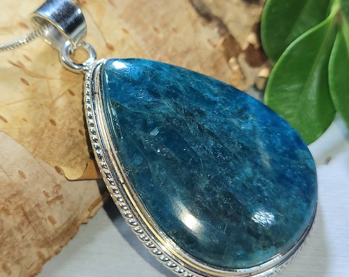 Natural Premium Large Apatite Pear Handmade .925 Sterling Silver Statement Pendant 16gr DD36