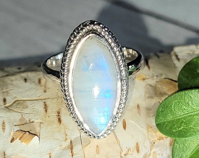 Natural Blue Flash Moonstone Marquise .925 Sterling Silver Ring Size 5.5 5 Grams 7/8" x 7/16" EX42