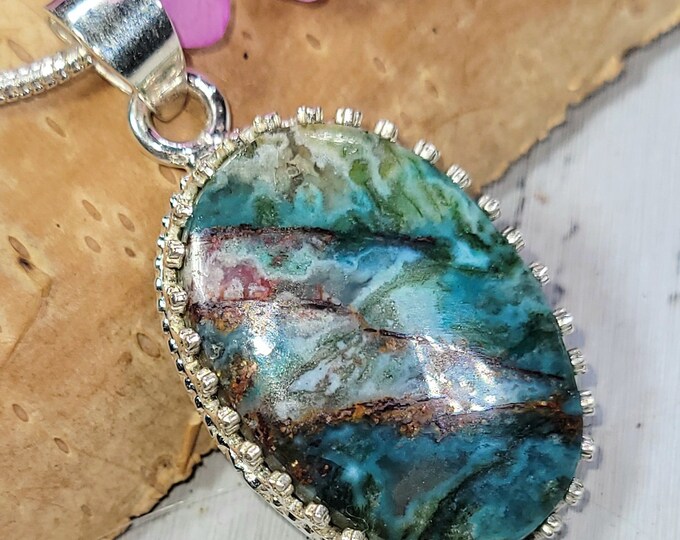 Chrysocolla Copper Pendant, Chrysocolla Copper Sterling Silver Pendant, Chrysocolla Copper Crown Prong Pendant, Statement Pendant, FG29
