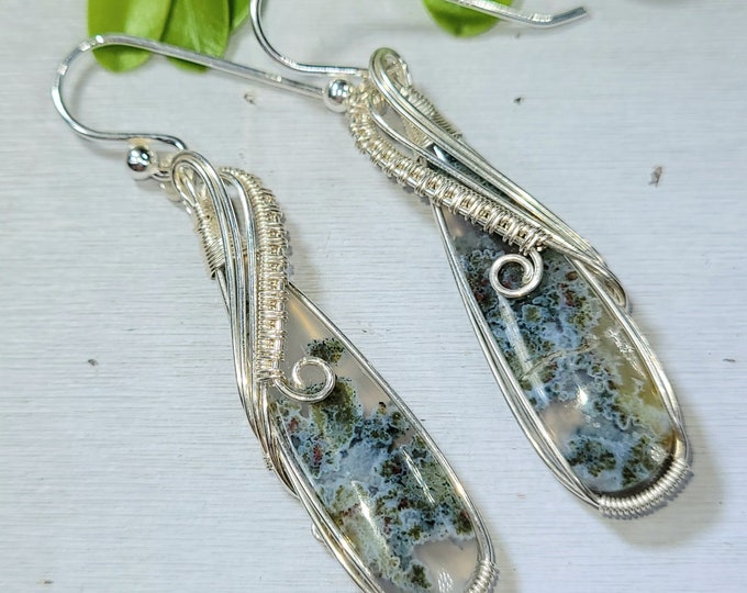 Moss Agate Earrings, Moss Agate Wire Wrapped Earrings, Sterling Silver Wire Wrapped Earrings, Green Moss Agate Wire Wrap Earrings FA10