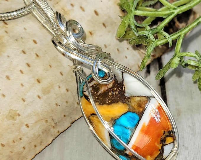Spiny Copper Oyster Turquoise Pendant: Handmade Sterling Silver Wire Wrap