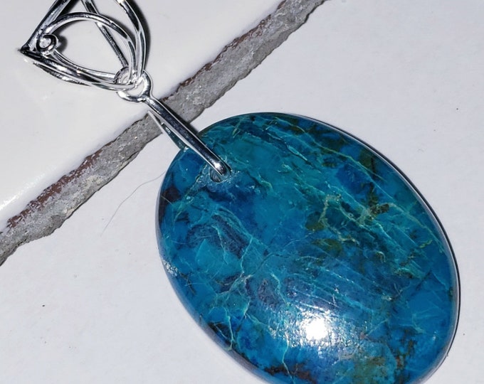 Natural AA African Chrysocolla Oval Cabochon .925 Sterling Silver Pendant EA32 1 7/8" x 1 1/8" Heavy Duty Designer Sterling Silver Bail