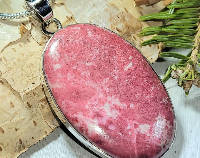 Natural Top Grade Pink Thulite Handmade Oval .925 Sterling Silver Pendant 2 1/4" x 1 1/8" 16 Grams AK42