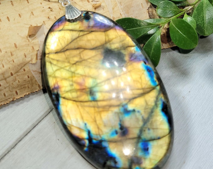 Natural High Grade Multi Flash Labradorite Cabochon .925 Sterling Silver Pendant 2 3/4" x 1 1 7/16" LB20 Sterling Silver Heavy Duty Bail